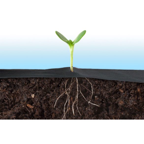 Talajtakaró geotextília, Plonos, 1,6 x 50 m, fekete, nem szőtt, 90 g/m2, tekercs, 100 db rögzítő tüskével, 3% UV-védelem