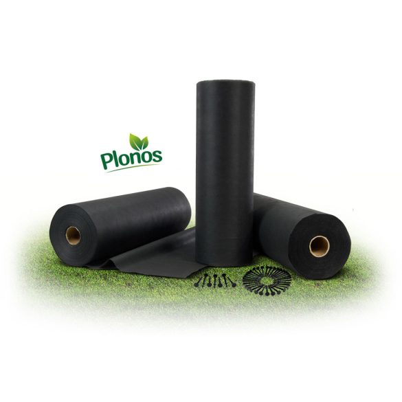 Talajtakaró geotextília, Plonos, 1,6 x 50 m, fekete, nem szőtt, 90 g/m2, tekercs, 100 db rögzítő tüskével, 3% UV-védelem
