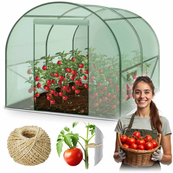 Fóliasátor vázzal, Plonos 4909-C, zöld, 200 x 200 x 200 cm, bejárható, 4 m2, UV4 védelem, 130 g/m2 PE fólia, 4 ablak, szúnyoghálóval, fém váz, cipzáras bejárat