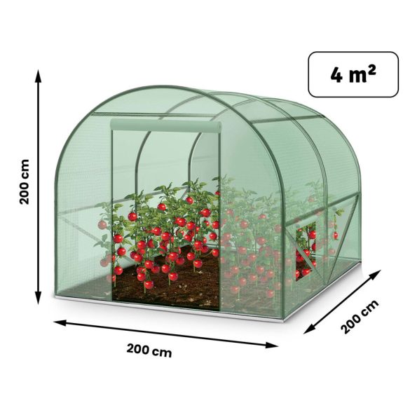 Fóliasátor vázzal, Plonos 4909-C, zöld, 200 x 200 x 200 cm, bejárható, 4 m2, UV4 védelem, 130 g/m2 PE fólia, 4 ablak, szúnyoghálóval, fém váz, cipzáras bejárat