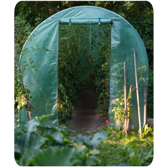 Fóliasátor vázzal, Plonos 4910-C, zöld, 200 x 300 x 200 cm, bejárható, 6 m2, UV4 védelem, 130 g/m2 PE fólia, 4 ablak, szúnyoghálóval, fém váz, cipzáras bejárat