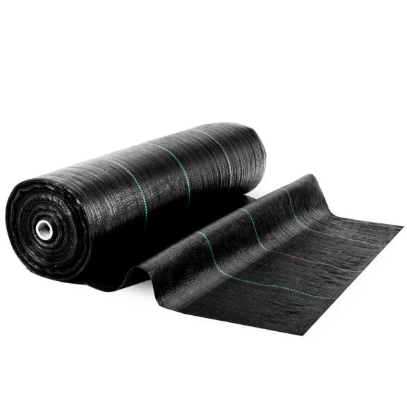 Talajtakaró geotextília, Plonos, 1,6 x 100 m, fekete, nem szőtt, 90 g/m2, tekercs, 100 db rögzítő tüskével, zöld vezetőcsíkokkal, 3% UV-védelem