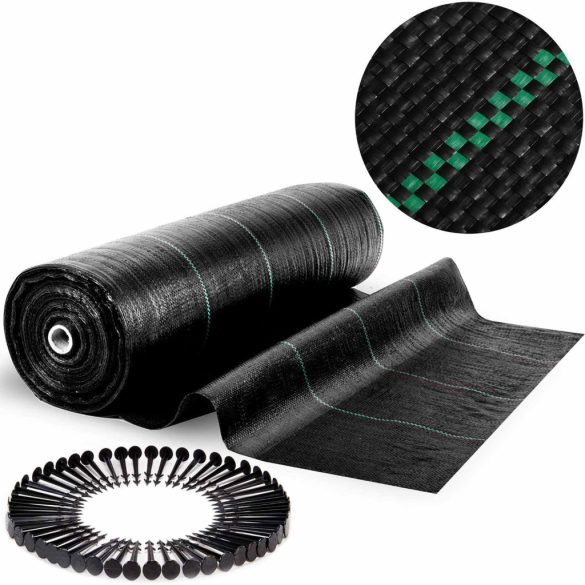 Talajtakaró geotextília, Plonos, 1,6 x 100 m, fekete, nem szőtt, 90 g/m2, tekercs, 100 db rögzítő tüskével, zöld vezetőcsíkokkal, 3% UV-védelem