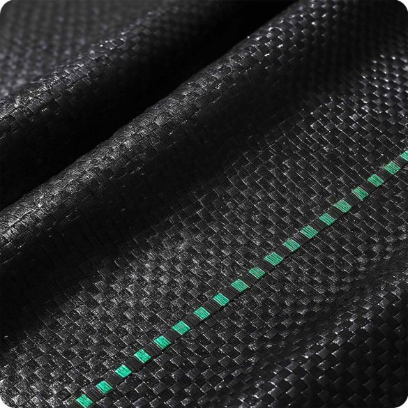 Talajtakaró geotextília, Plonos, 1,6 x 100 m, fekete, nem szőtt, 90 g/m2, tekercs, 100 db rögzítő tüskével, zöld vezetőcsíkokkal, 3% UV-védelem