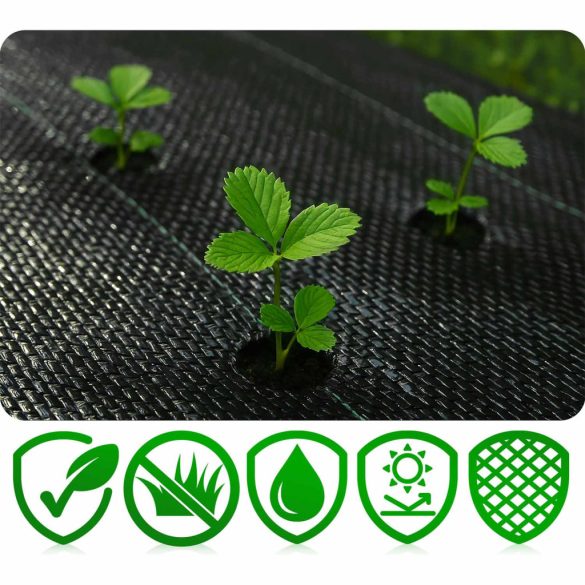 Talajtakaró geotextília, Plonos, 1,6 x 100 m, fekete, nem szőtt, 90 g/m2, tekercs, 100 db rögzítő tüskével, zöld vezetőcsíkokkal, 3% UV-védelem