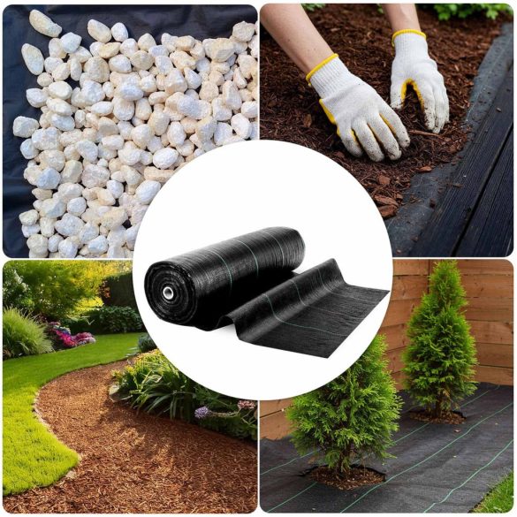 Talajtakaró geotextília, Plonos, 1,6 x 100 m, fekete, nem szőtt, 90 g/m2, tekercs, 100 db rögzítő tüskével, zöld vezetőcsíkokkal, 3% UV-védelem