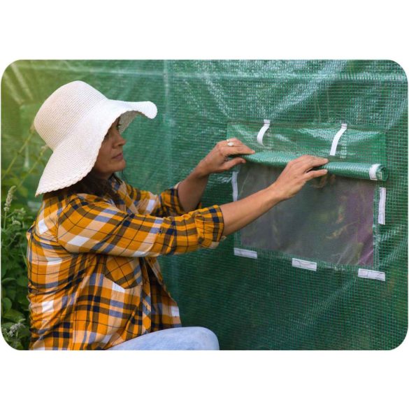Fóliasátor vázzal, Plonos 4914-B, zöld, 200 x 350 x 200 cm, bejárható, 7 m2, UV4 védelem, 140 g/m2 PE fólia, 6 ablak, szúnyoghálóval, fém váz, cipzáras bejárat