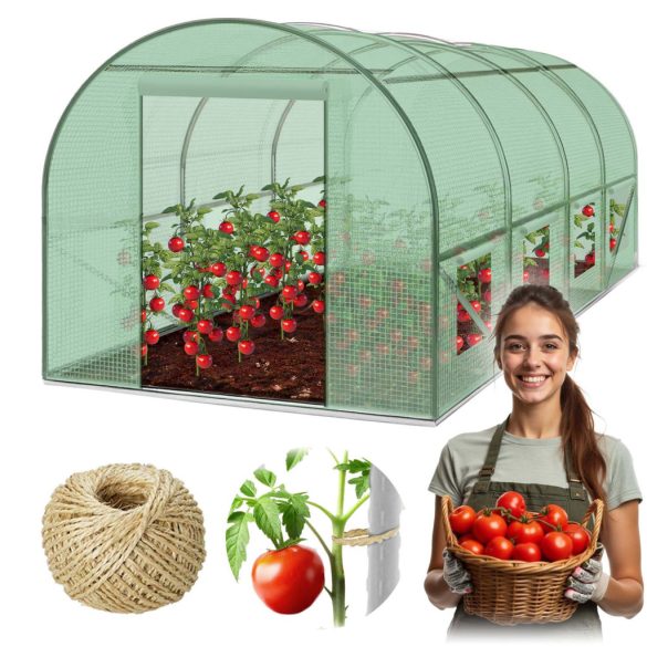 Fóliasátor vázzal, Plonos 4916-B, zöld, 250 x 400 x 200 cm, bejárható, 10 m2, UV4 védelem, 140 g/m2 PE fólia, 8 ablak, szúnyoghálóval, fém váz, cipzáras bejárat