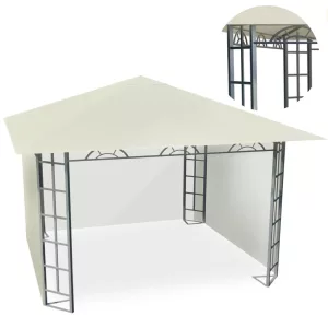 Kerti pavilon, Plonos 4934, bézs, 3 x 3 m, acél váz, magasság: 200 / 265 cm, UV-álló és esőálló PE tető, tépőzárral rögzítőhető oldalfalakkal