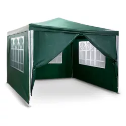   Kerti pavilon, Plonos 4935, zöld, 3 x 3 m, acél váz, magasság: 245 cm, UV-álló és esőálló PE ponyva, tépőzárral rögzíthető oldalfalakkal, panorámaablakokkal