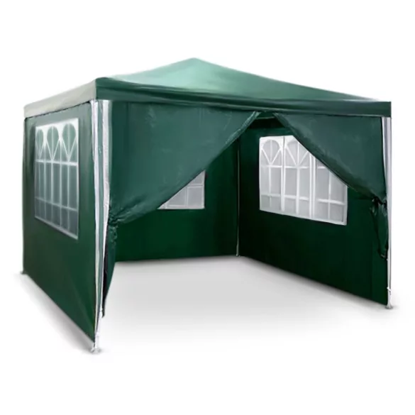 Kerti pavilon, Plonos 4935, zöld, 3 x 3 m, acél váz, magasság: 245 cm, UV-álló és esőálló PE ponyva, tépőzárral rögzíthető oldalfalakkal, panorámaablakokkal