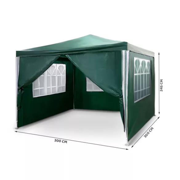 Kerti pavilon, Plonos 4935, zöld, 3 x 3 m, acél váz, magasság: 245 cm, UV-álló és esőálló PE ponyva, tépőzárral rögzíthető oldalfalakkal, panorámaablakokkal