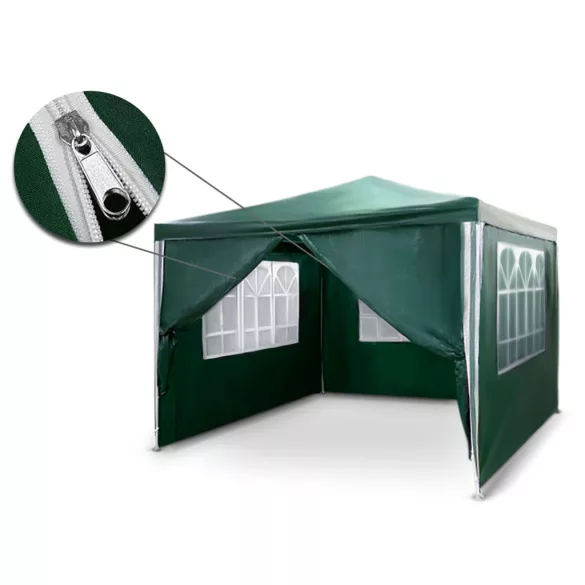 Kerti pavilon, Plonos 4935, zöld, 3 x 3 m, acél váz, magasság: 245 cm, UV-álló és esőálló PE ponyva, tépőzárral rögzíthető oldalfalakkal, panorámaablakokkal