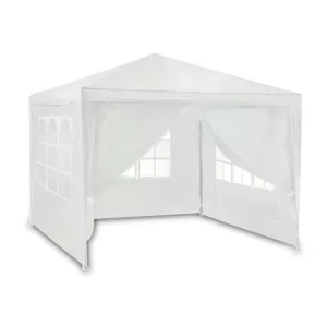 Kerti pavilon, Plonos 4936, fehér, 3 x 3 m, acél váz, magasság: 245 cm, UV-álló és esőálló PE ponyva, tépőzárral rögzíthető oldalfalakkal, panorámaablakokkal