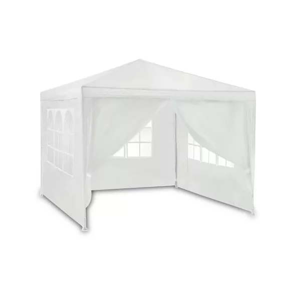 Kerti pavilon, Plonos 4936, fehér, 3 x 3 m, acél váz, magasság: 245 cm, UV-álló és esőálló PE ponyva, tépőzárral rögzíthető oldalfalakkal, panorámaablakokkal