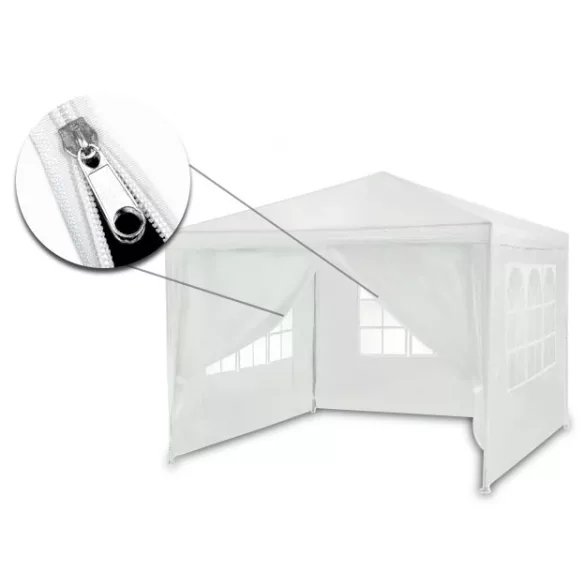 Kerti pavilon, Plonos 4936, fehér, 3 x 3 m, acél váz, magasság: 245 cm, UV-álló és esőálló PE ponyva, tépőzárral rögzíthető oldalfalakkal, panorámaablakokkal