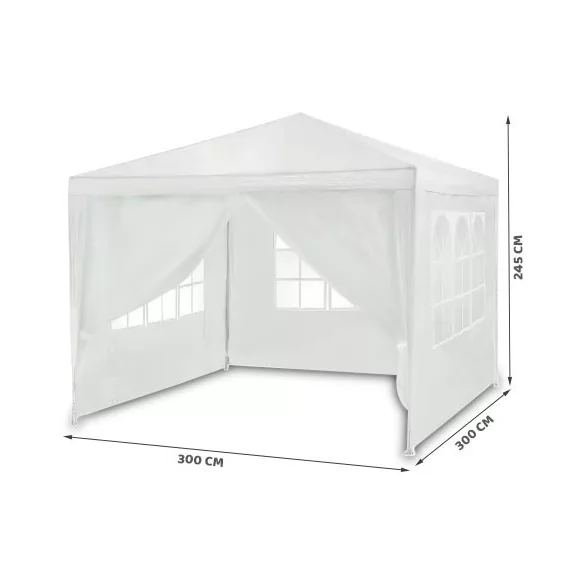 Kerti pavilon, Plonos 4936, fehér, 3 x 3 m, acél váz, magasság: 245 cm, UV-álló és esőálló PE ponyva, tépőzárral rögzíthető oldalfalakkal, panorámaablakokkal