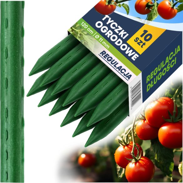 Növénytámasz, Plonos PL-940, zöld, magasság: 120 cm, átmérő: 1,1 cm, rozsdamentes acélmagos, PE bevonat, hegyes végű, 10 db-os csomag