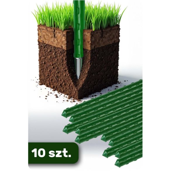 Növénytámasz, Plonos PL-940, zöld, magasság: 180 cm, átmérő: 1,1 cm, rozsdamentes acélmagos, PE bevonat, hegyes végű, 10 db-os csomag