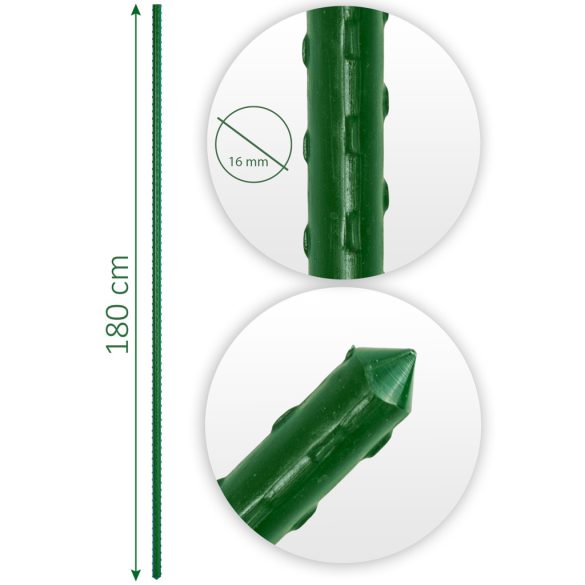 Növénytámasz, Plonos PL-940, zöld, magasság: 180 cm, átmérő: 1,1 cm, rozsdamentes acélmagos, PE bevonat, hegyes végű, 10 db-os csomag