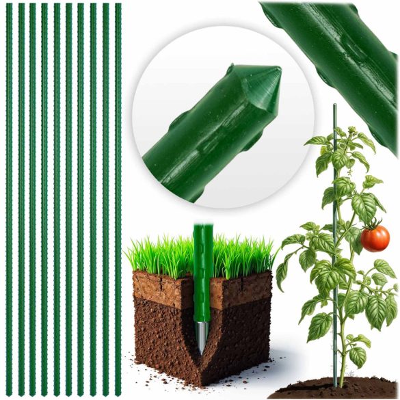 Növénytámasz, Plonos PL-940, zöld, magasság: 180 cm, átmérő: 1,1 cm, rozsdamentes acélmagos, PE bevonat, hegyes végű, 10 db-os csomag