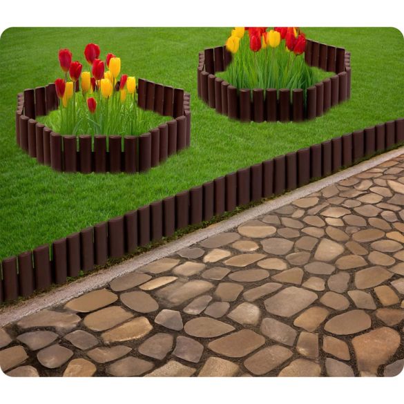 Kerti szegély, Plonos PL-961, barna, 28,5 x 23,5 cm, összekapcsolható, 220 cm hossz, polipropilén (PP) műanyag, 8 panel/csomag