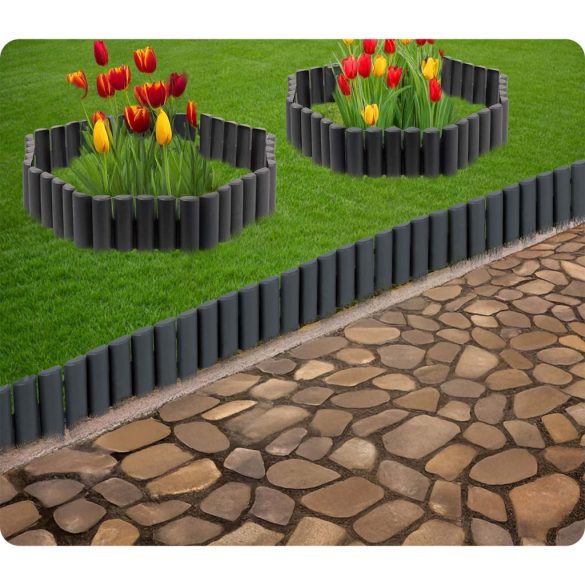 Kerti szegély, Plonos PL-961, szürke, 28,5 x 23,5 cm, összekapcsolható, 220 cm hossz, polipropilén (PP) műanyag, 8 panel/csomag