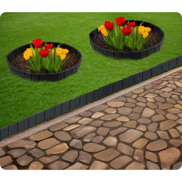 Kerti szegély, Plonos PL-962, antracit, 25,5 x 23 cm, összekapcsolható, 250 cm hossz, polipropilén (PP) műanyag, 10 panel/csomag