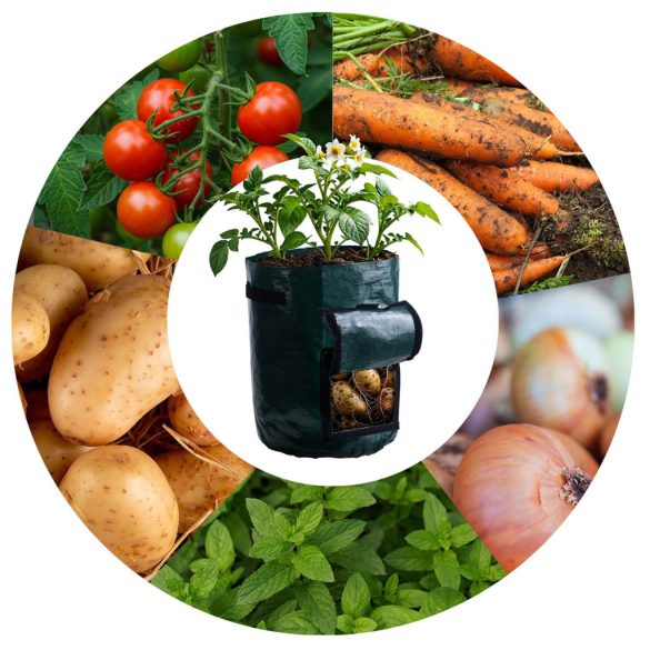 Kerti ültetőzsák, Plonos PL-964, zöld, 43,3 l, betakarító ablakkal, légáteresztő polietilén, drenázsnyílásokkal, két fogantyúval