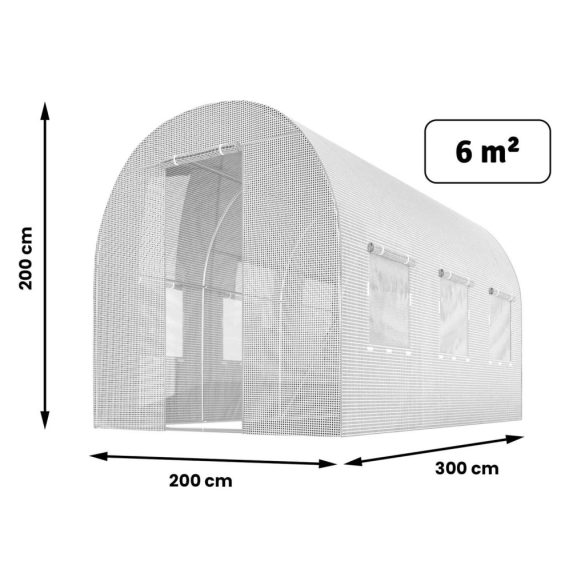 Fóliasátor vázzal, Plonos 4970-B, fehér, 200 x 300 x 200 cm, bejárható, 6 m2, UV4 védelem, 140 g/m2 PE fólia, 4 ablak, szúnyoghálóval, fém váz, cipzáras bejárat