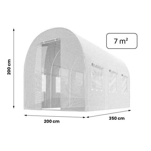 Fóliasátor vázzal, Plonos 4971-B, fehér, 200 x 350 x 200 cm, bejárható, 7 m2, UV4 védelem, 140 g/m2 PE fólia, 6 ablak, szúnyoghálóval, fém váz, cipzáras bejárat