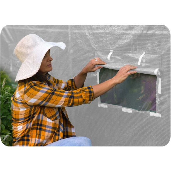 Fóliasátor vázzal, Plonos 4971-B, fehér, 200 x 350 x 200 cm, bejárható, 7 m2, UV4 védelem, 140 g/m2 PE fólia, 6 ablak, szúnyoghálóval, fém váz, cipzáras bejárat