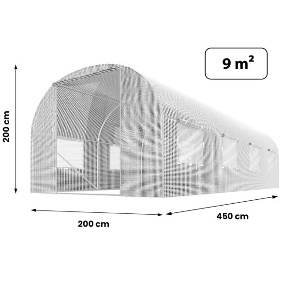 Fóliasátor vázzal, Plonos 4972-B, fehér, 200 x 450 x 200 cm, bejárható, 9 m2, UV4 védelem, 140 g/m2 PE fólia, 8 ablak, szúnyoghálóval, fém váz, cipzáras bejárat