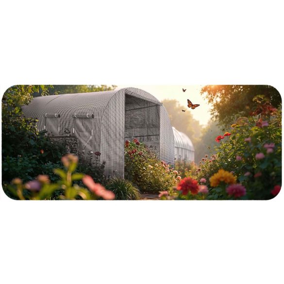 Fóliasátor vázzal, Plonos 4972-B, fehér, 200 x 450 x 200 cm, bejárható, 9 m2, UV4 védelem, 140 g/m2 PE fólia, 8 ablak, szúnyoghálóval, fém váz, cipzáras bejárat