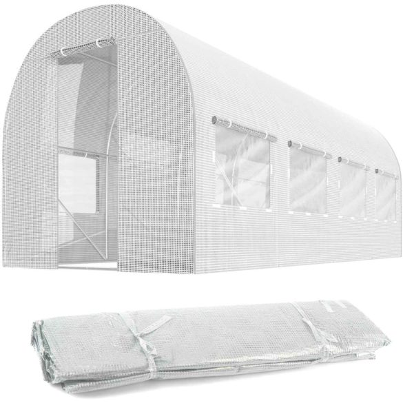 Fóliasátor cserefólia, Plonos 4972-F, fehér, 200 x 450 x 200 cm, bejárható, 9 m2, UV4 védelem, 140 g/m2 PE fólia, 8 ablak, szúnyoghálóval, cipzáras bejárat