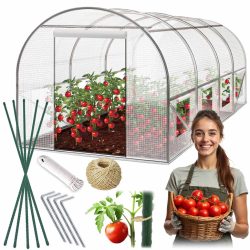   Fóliasátor vázzal, Plonos 4974-B, fehér, 250 x 400 x 200 cm, bejárható, 10 m2, UV4 védelem, 140 g/m2 PE fólia, 8 ablak, szúnyoghálóval, fém váz, cipzáras bejárat