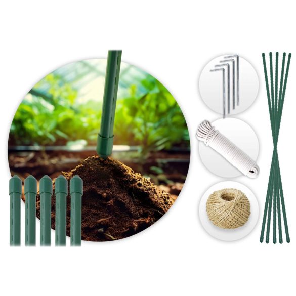 Fóliasátor vázzal, Plonos 4975-B, fehér, 300 x 450 x 200 cm, bejárható, 13,5 m2, UV4 védelem, 140 g/m2 PE fólia, 8 ablak, szúnyoghálóval, fém váz, cipzáras bejárat