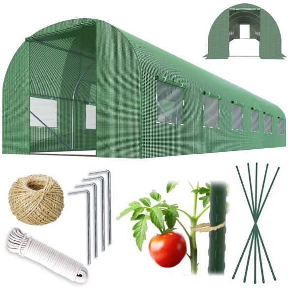 Fóliasátor vázzal, Plonos 4976-B, zöld, 300 x 600 x 200 cm, bejárható, 18 m2, UV4 védelem, 140 g/m2 PE fólia, 12 ablak, szúnyoghálóval, fém váz, 2 cipzáras bejárat
