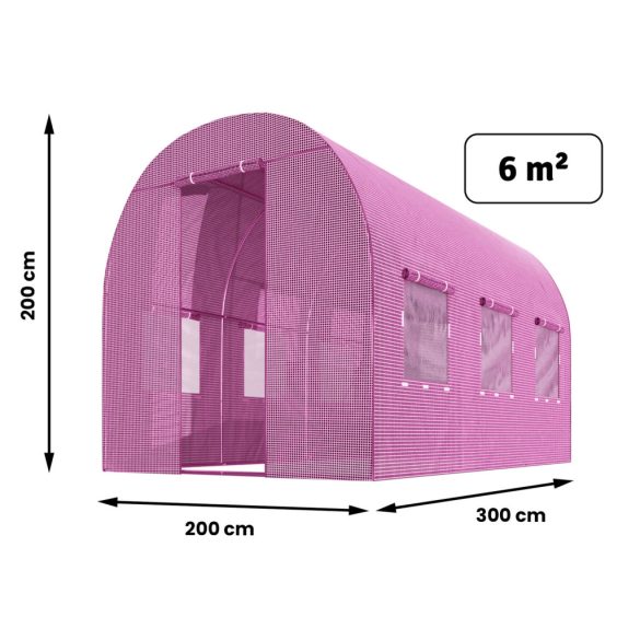 Fóliasátor vázzal, Plonos 4978-B, rózsaszín, 200 x 300 x 200 cm, bejárható, 6 m2, UV4 védelem, 140 g/m2 PE fólia, 4 ablak, szúnyoghálóval, fém váz, cipzáras bejárat