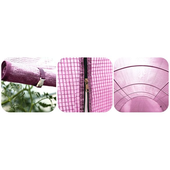 Fóliasátor vázzal, Plonos 4978-B, rózsaszín, 200 x 300 x 200 cm, bejárható, 6 m2, UV4 védelem, 140 g/m2 PE fólia, 4 ablak, szúnyoghálóval, fém váz, cipzáras bejárat