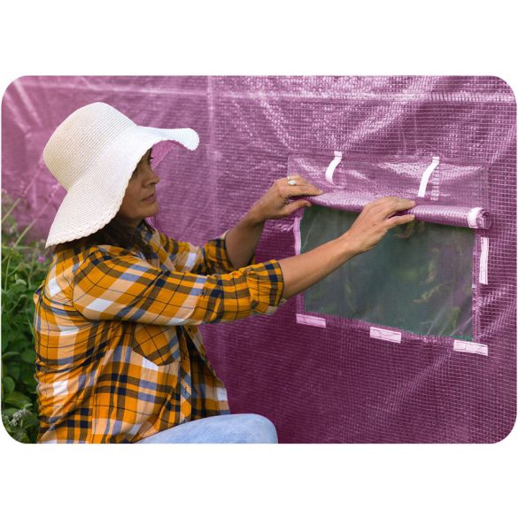 Fóliasátor vázzal, Plonos 4979-B, rózsaszín, 200 x 450 x 200 cm, bejárható, 9 m2, UV4 védelem, 140 g/m2 PE fólia, 8 ablak, szúnyoghálóval, fém váz, cipzáras bejárat