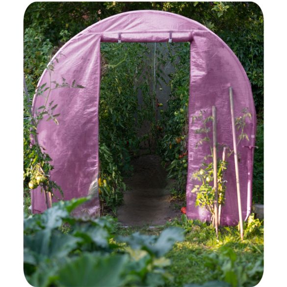 Fóliasátor vázzal, Plonos 4979-B, rózsaszín, 200 x 450 x 200 cm, bejárható, 9 m2, UV4 védelem, 140 g/m2 PE fólia, 8 ablak, szúnyoghálóval, fém váz, cipzáras bejárat