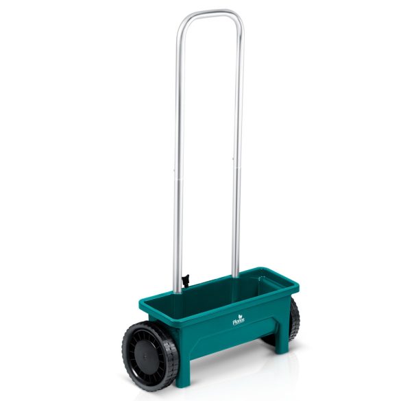 Kézi szórókocsi, Plonos PL-980, 12 l, 10 fokozatú szórásállítás, kerekes, mag- és műtrágyaszóró, sóhoz és homokhoz, maximum 10 kg teherbírás