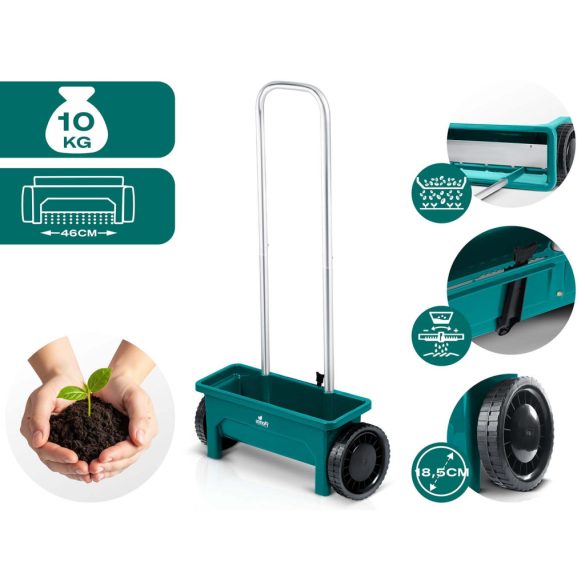 Kézi szórókocsi, Plonos PL-980, 12 l, 10 fokozatú szórásállítás, kerekes, mag- és műtrágyaszóró, sóhoz és homokhoz, maximum 10 kg teherbírás