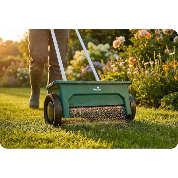 Kézi szórókocsi, Plonos PL-980, 12 l, 10 fokozatú szórásállítás, kerekes, mag- és műtrágyaszóró, sóhoz és homokhoz, maximum 10 kg teherbírás