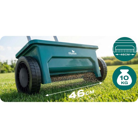 Kézi szórókocsi, Plonos PL-980, 12 l, 10 fokozatú szórásállítás, kerekes, mag- és műtrágyaszóró, sóhoz és homokhoz, maximum 10 kg teherbírás