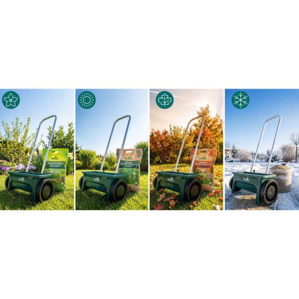 Kézi szórókocsi, Plonos PL-980, 12 l, 10 fokozatú szórásállítás, kerekes, mag- és műtrágyaszóró, sóhoz és homokhoz, maximum 10 kg teherbírás