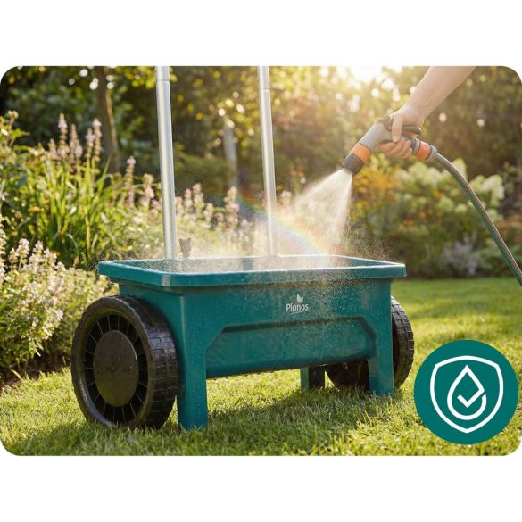 Kézi szórókocsi, Plonos PL-980, 12 l, 10 fokozatú szórásállítás, kerekes, mag- és műtrágyaszóró, sóhoz és homokhoz, maximum 10 kg teherbírás