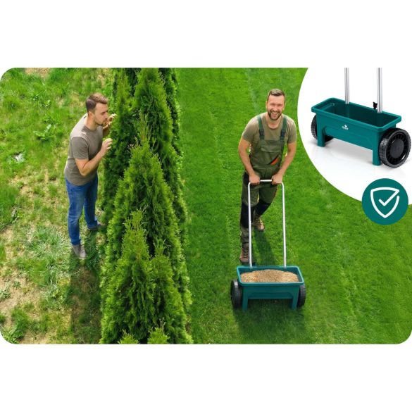 Kézi szórókocsi, Plonos PL-980, 12 l, 10 fokozatú szórásállítás, kerekes, mag- és műtrágyaszóró, sóhoz és homokhoz, maximum 10 kg teherbírás