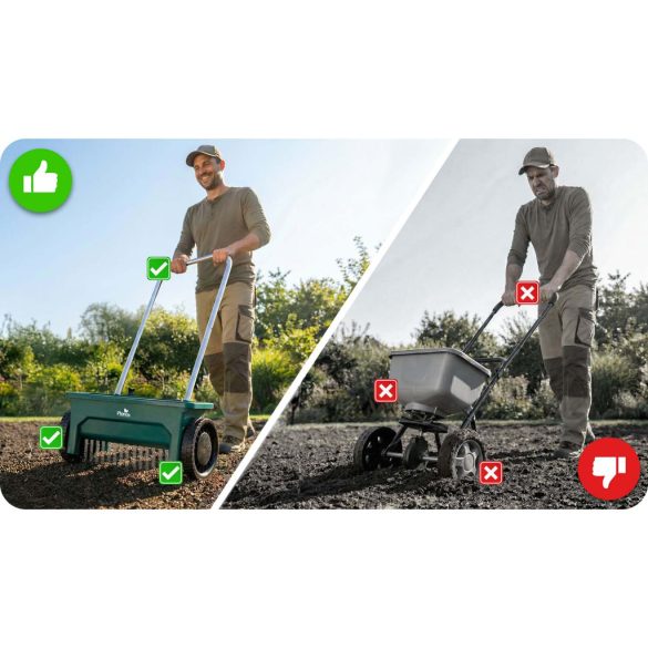 Kézi szórókocsi, Plonos PL-980, 12 l, 10 fokozatú szórásállítás, kerekes, mag- és műtrágyaszóró, sóhoz és homokhoz, maximum 10 kg teherbírás